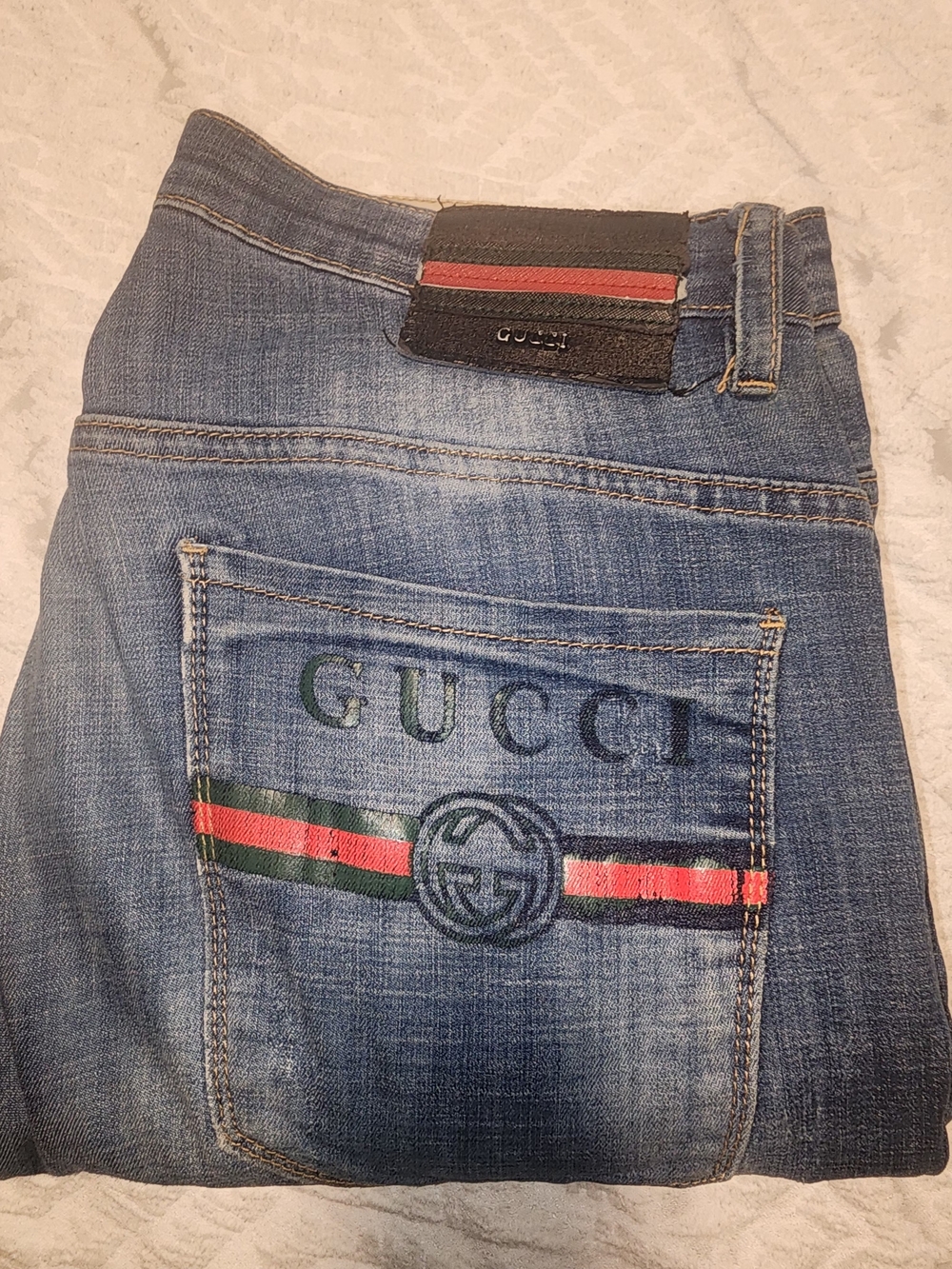 Gucci Men’s Blue Denim Jeans with Red-Green Web Stripe